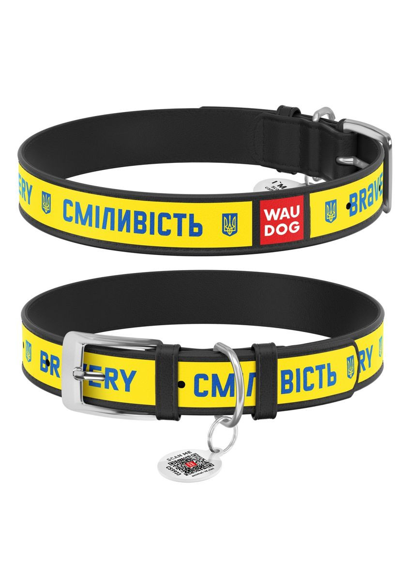 Ошейник для собак кожаный Design с QR паспортом, рисунок "Смелость", XL, Ш 35 мм, Дл 46-59 см, черный WAUDOG (322328297)
