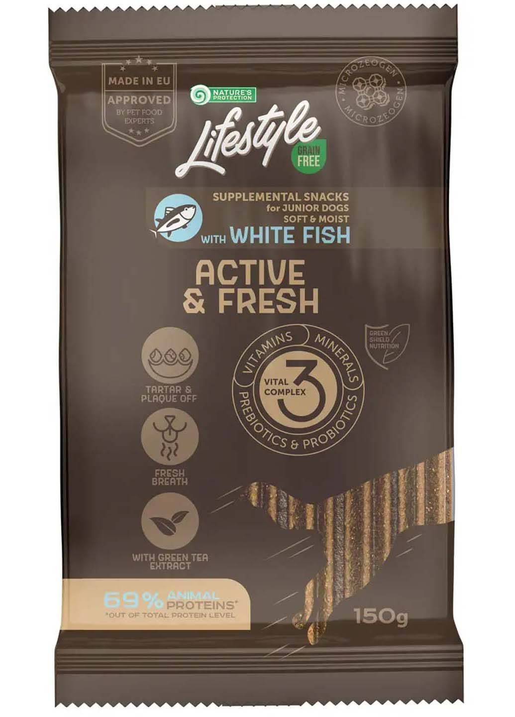 Беззерновые лакомства с белой рыбой для активныx молодыx собак всеx пород Lifestyle Grain Free White fish Active&Fresh 150 г Nature's Protection (285779083)