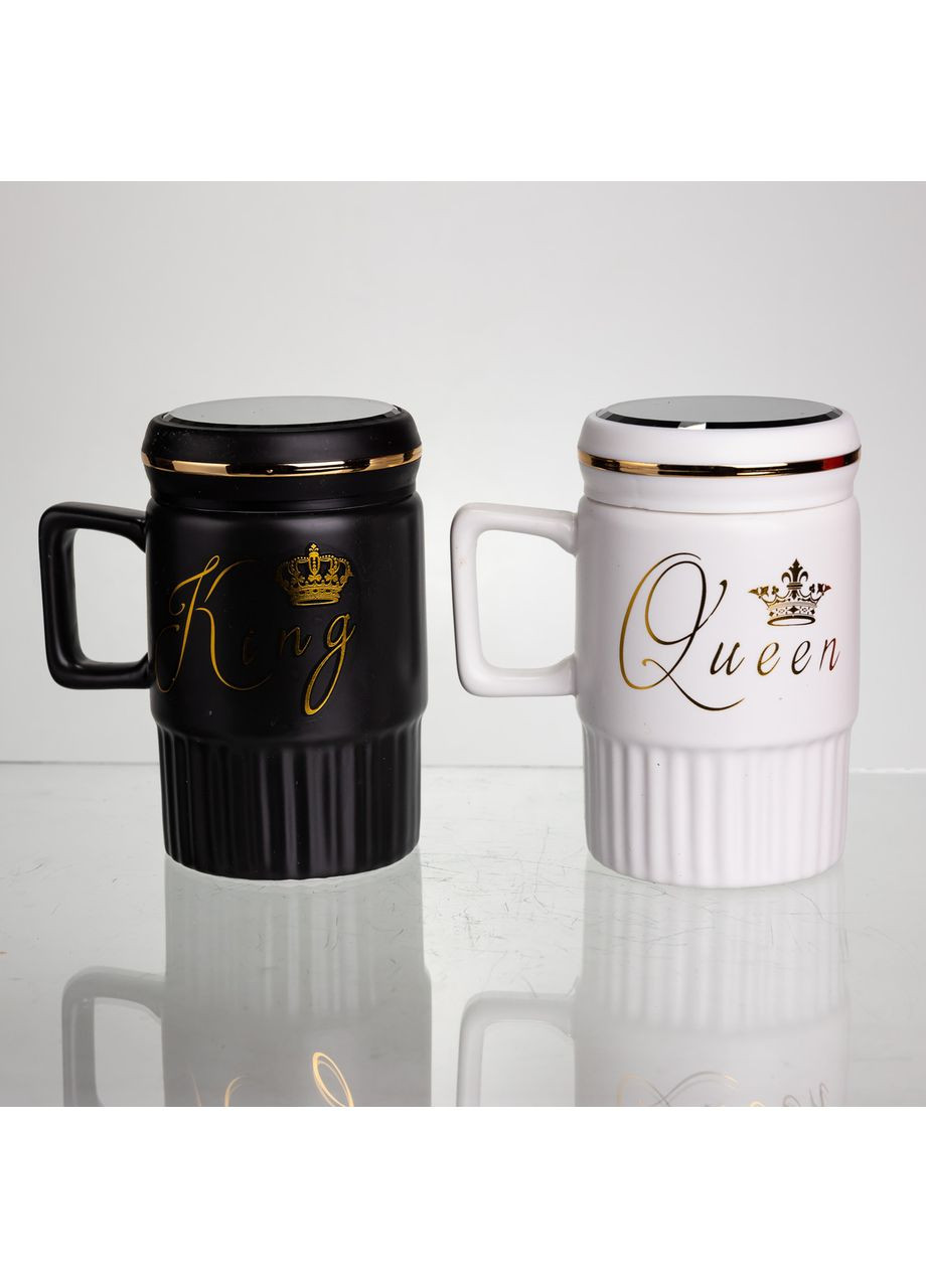 Набор парных фарфоровых чашек с крышкой 2 (шт) по 450 (мл) Черный с белым FM-26 Yiwu (369654021)