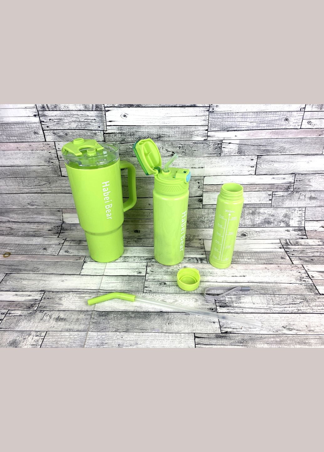 Большая кружка с ручкой и трубочкой + спортивная бутылка с трубочкой + бутылка с крышкой набор 3 в 1 салатовый No Brand 3835 (314497239)