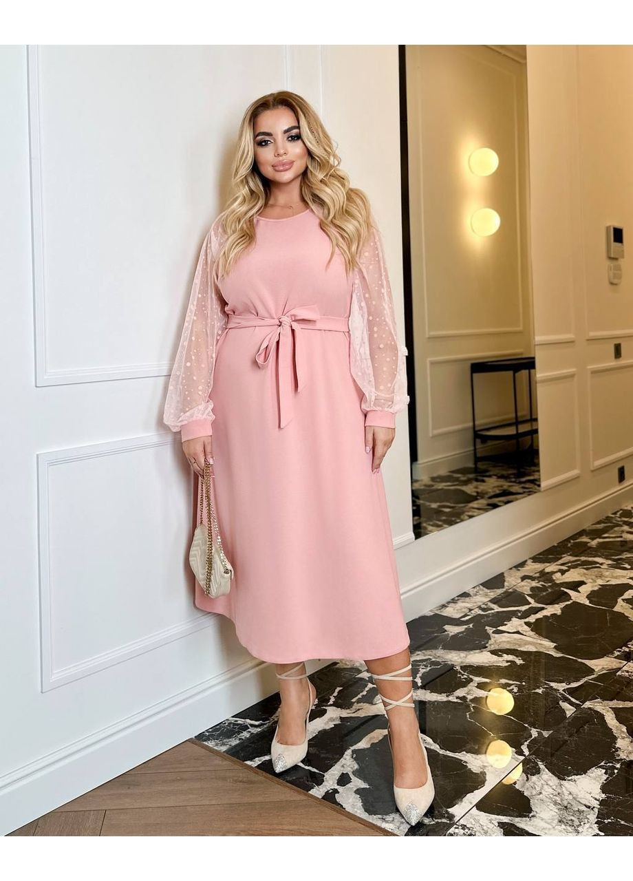 Рожева святковий жіноча сукня міді з об'ємними рукавами з сітки MonCher