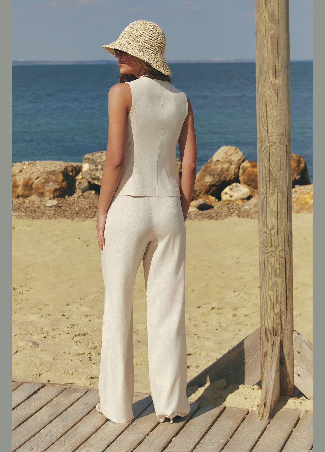 Штани жіночі з високою посадкою літні на блискавці з кишенями та резинкою на поясі вільного крою льон котон ST-Seventeen (333602571)