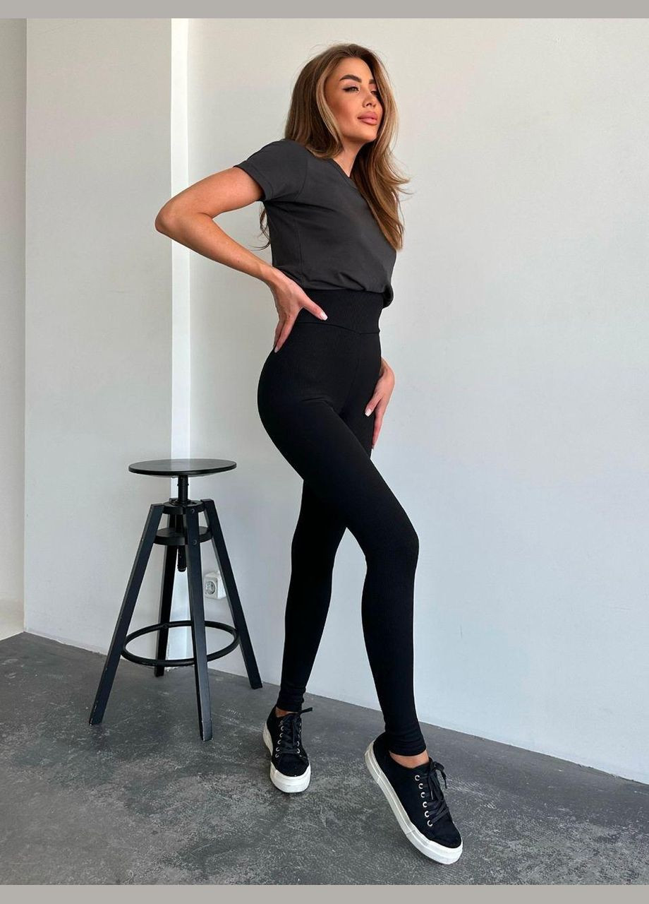 Черные демисезонные утепленные леггинсы в рубчик No Brand