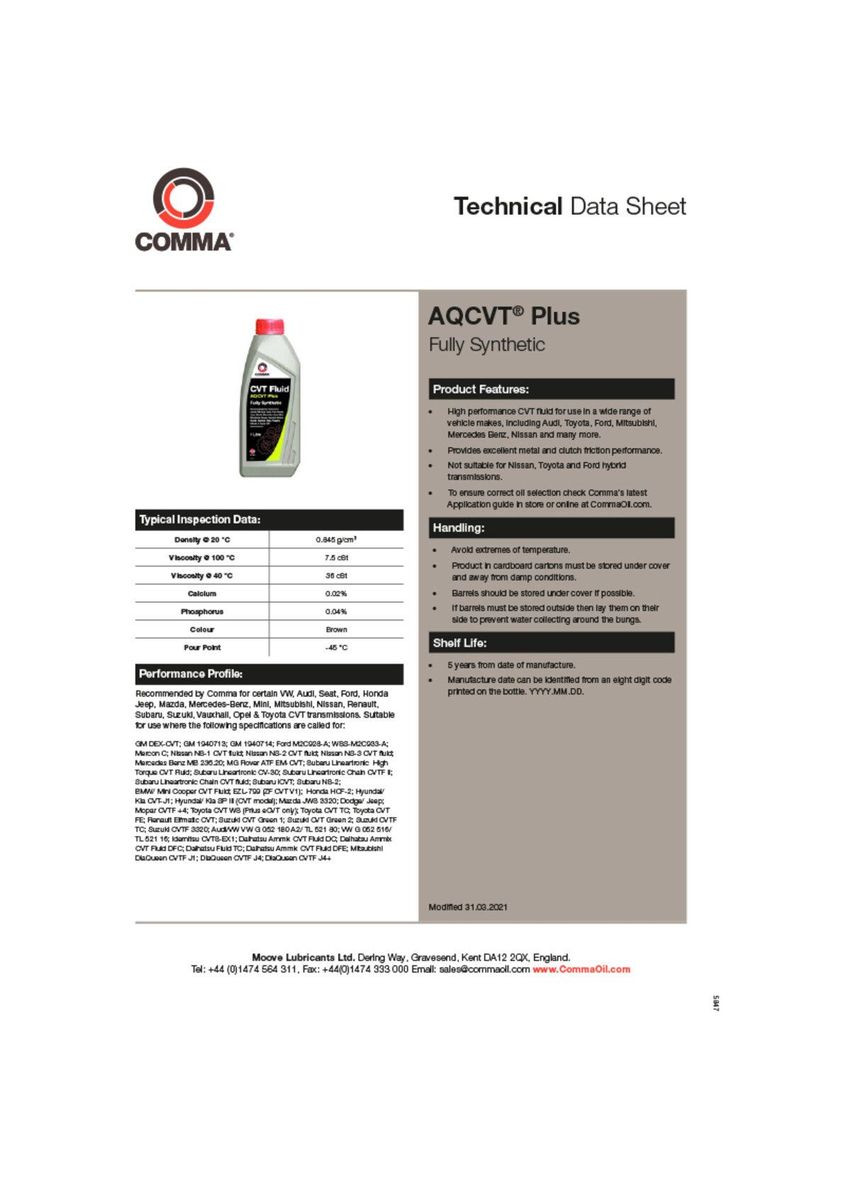 Трансмиссионное масло AQCVT TRANS FLUID PLUS AQCVTP1L 1 литр Comma (293346217)