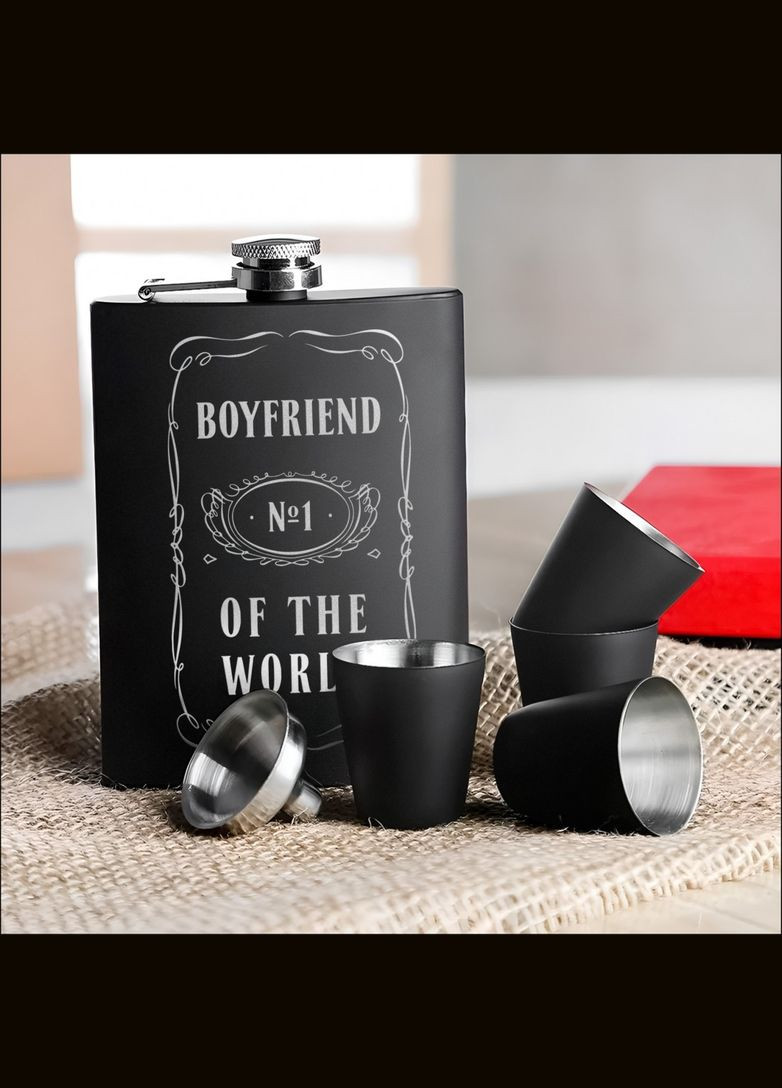 Набір чорна фляга з чарками "Boyfriend №1 of the world", Дерев'яна подарункова коробка BeriDari (293510187)