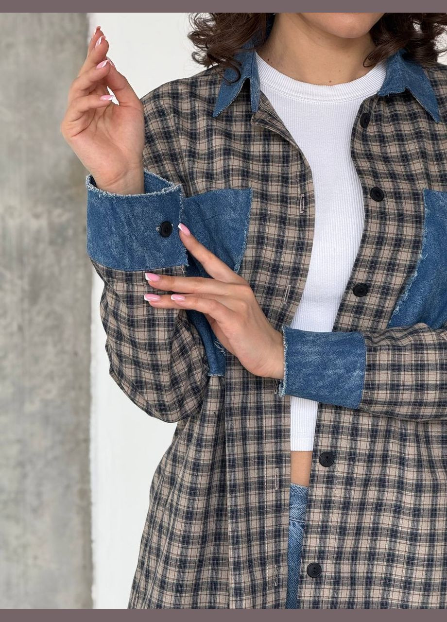 Светло-коричневая повседневный, кэжуал, джинсовая рубашка в клетку No Brand