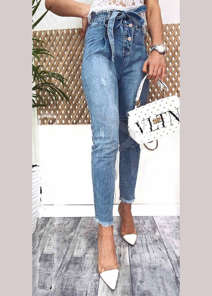 Джинсы женские jeans мом с царапками весенний коттоновый DM-3679 Голубой 30 New Jeans - (268998066)