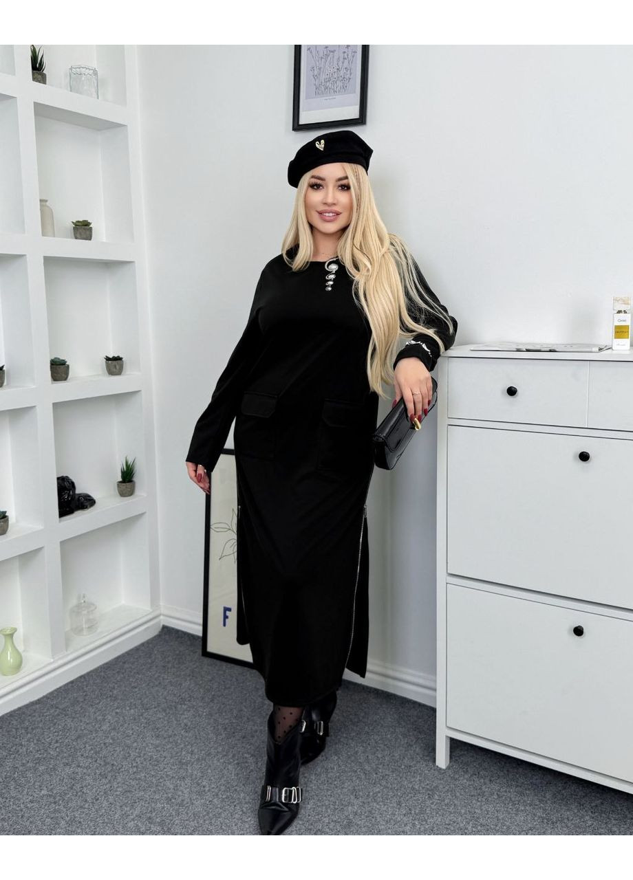 Черное праздничный платье оверсайз из итальянского трикотажа с двумя рабочими молниями — замеры в описании силуэтная DK/DL Мода без кордонів однотонное