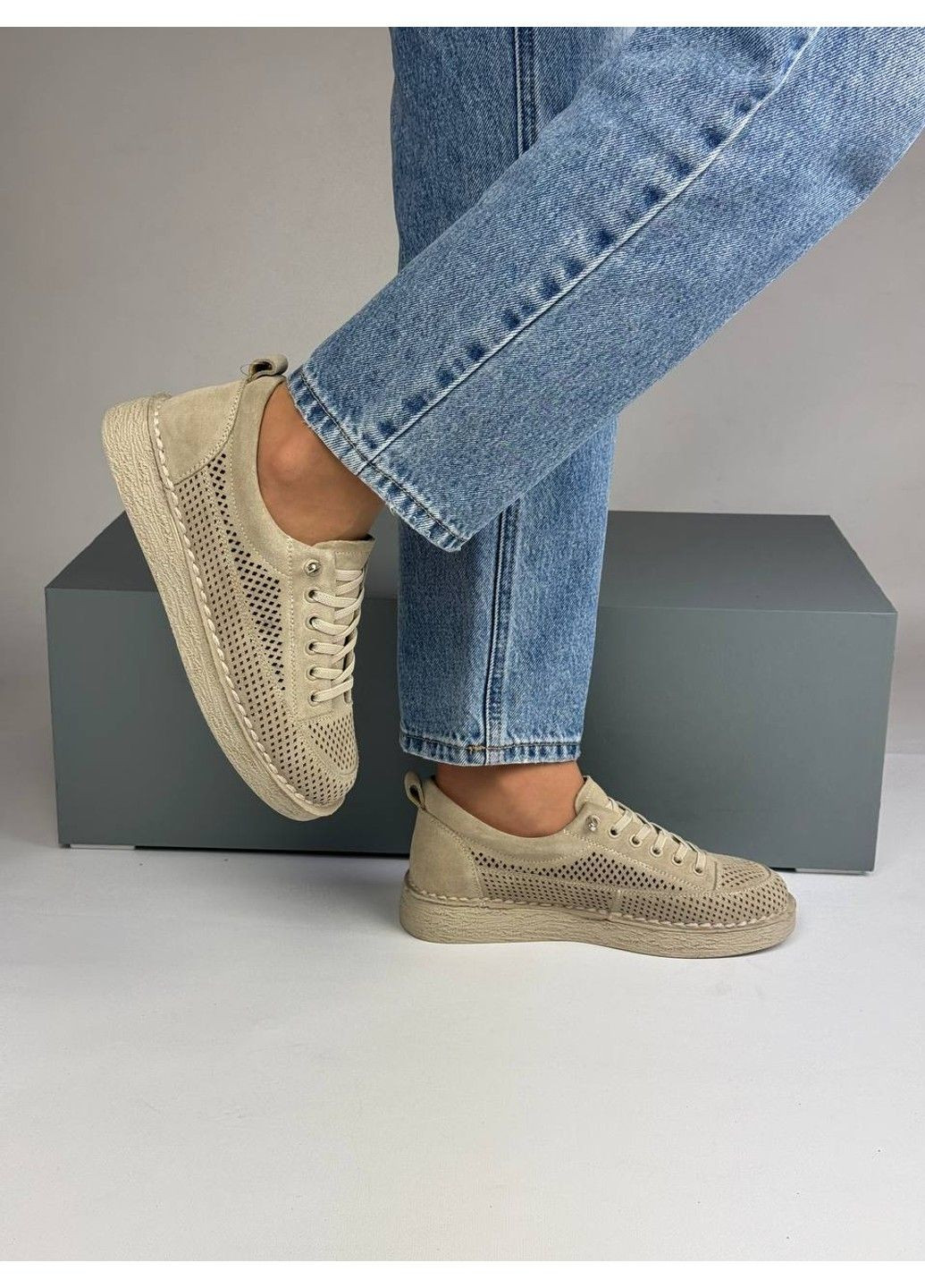 417 Кросовки Замшевые Бежевые с перфорацией No Brand бежевые лето (335365743)