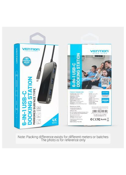 Концентратор USB 3.1 Type-C to HDMI 4K60Hz/USB 3.0х3/RJ45/PD 87W 6-in-1 Mirrored Surface (TFFHB) Vention USB 3.1 Type-C to HDMI 4K60Hz/USB 3.0х3/RJ45/PD 87 (366693592)