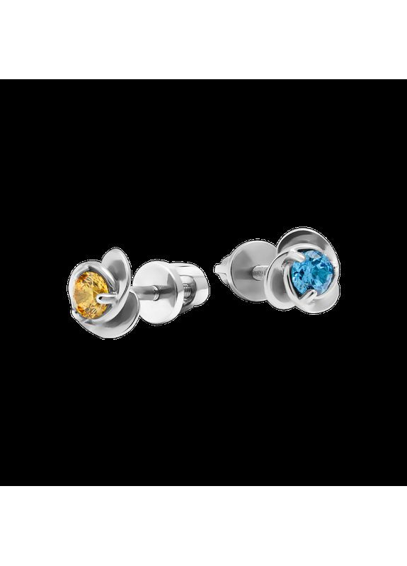 Срібні сережки пусети Півонії з блакитним та жовтим фіанітами Каштан (342335102)