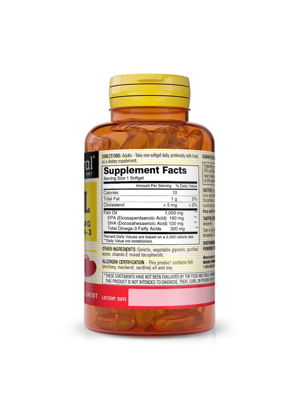 Жирные кислоты Fish Oil 1000 mg Omega 300 mg, 200 капсул Mason Natural (293420185)