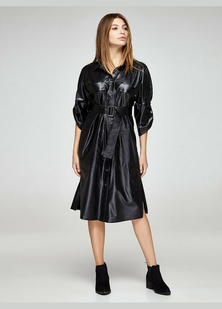 Черное женское платье-рубашка черное из эко-кожи mksh2376-1 Modna KAZKA