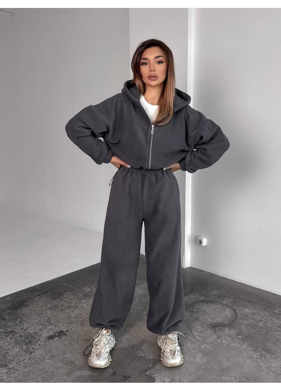 Костюм 10525 двухсторонний флис Полар Турция, с затяжками кофта и брюки Україна графитовый