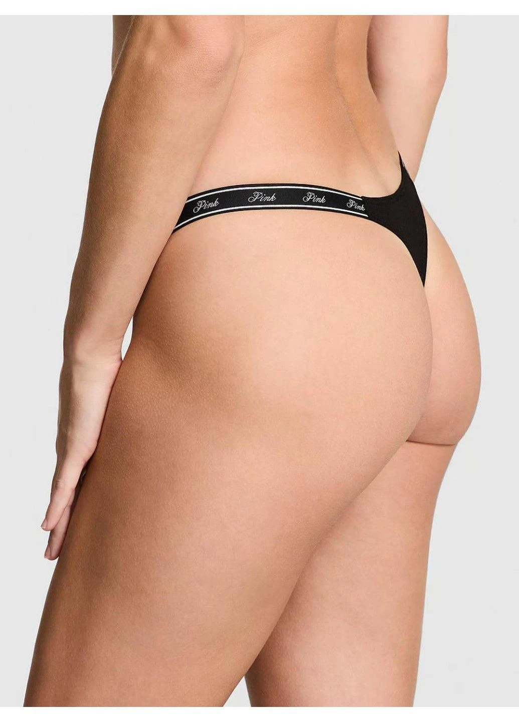 Трусики-стринги женские хлопковые PINK Logo Cotton Shine Micro Thong Panty черные Victoria's Secret (391918591)