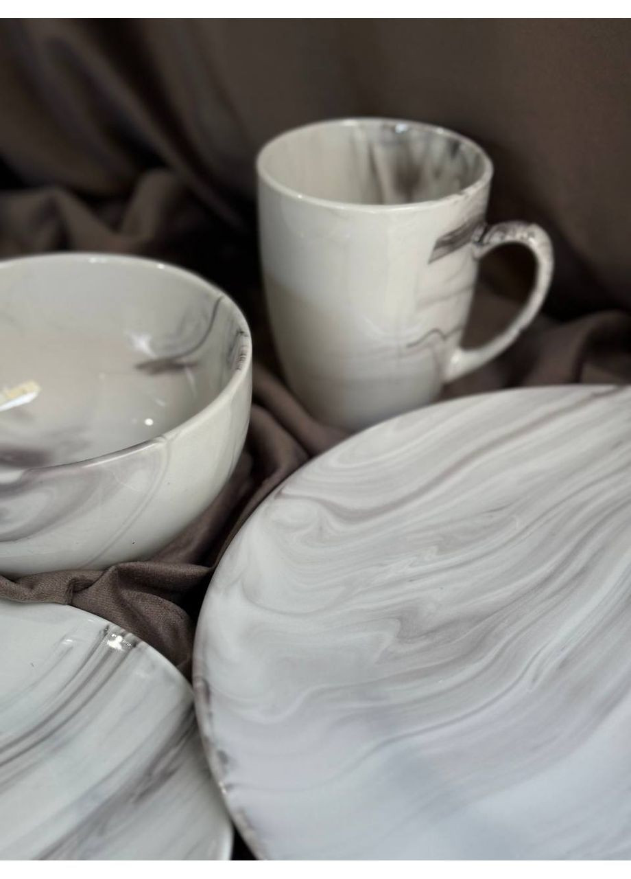 Столовий сервіз Marmor з порцеляни 24 предмети на 6 персон Білий з сірим MD-24-2G Yiwu (366424486)