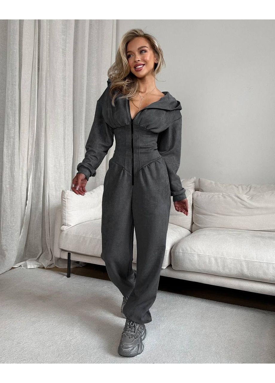 Комбинезон замш на дайвинге талия с имитацией корсета, капюшон Україна графитовый