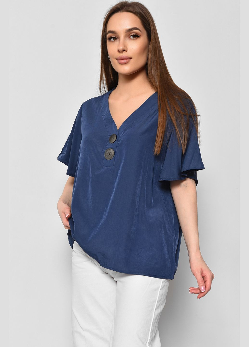 Синяя демисезонная блуза женская с коротким рукавом синего цвета с баской Let's Shop