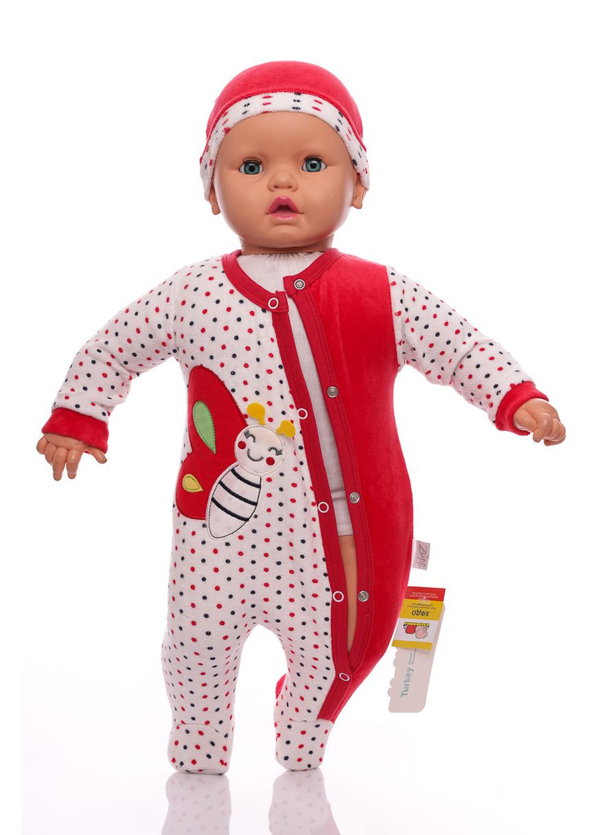 Красный зимний человечек с шапочкой для девочки велюр бабочка красный 56 см (26384) BABYKROHA