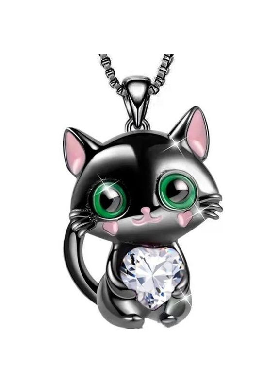 Ланцюжок з кулоном милий чорний котик із червоним сердечком фіанітом та зеленими очима Liresmina Jewelry (290982089)