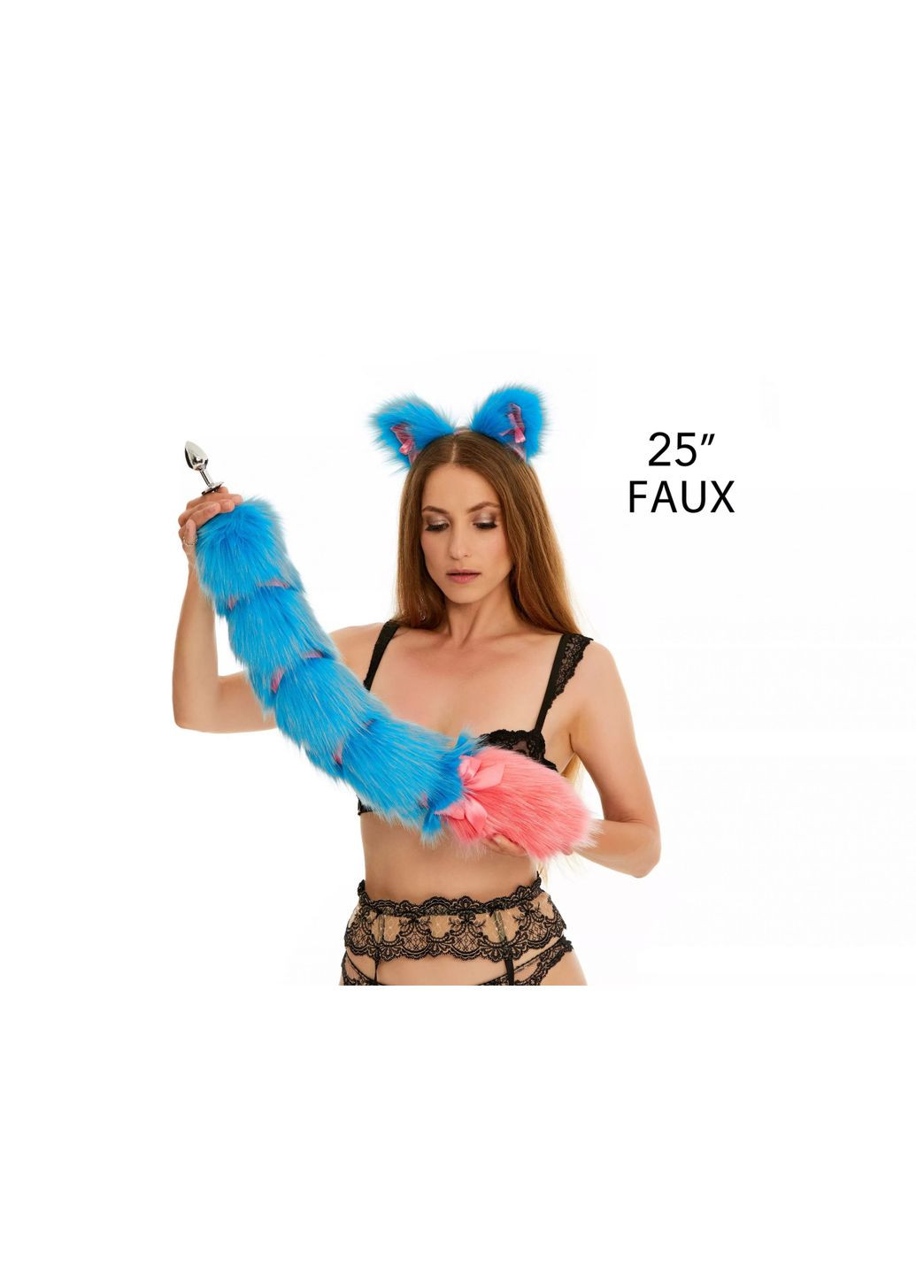 Анальний хвіст зі стрічкою без пробки, Яскраво-блакитний з яскраво-рожевим кінчиком, 60 см. OKOVA (315149132)