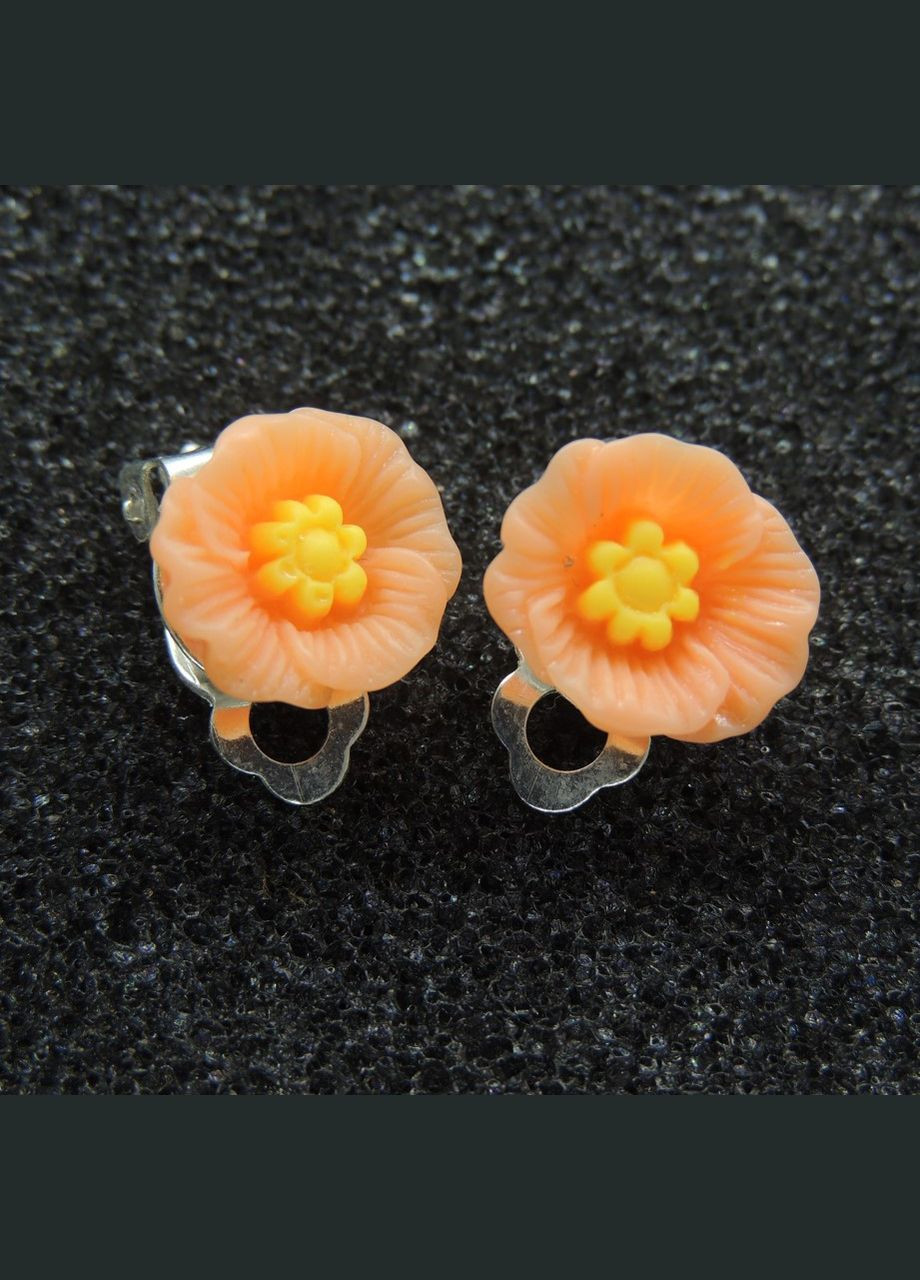 Серьги клипсы детские для ушей без пробивания цветок Мальва оранжевая с желтой Liresmina Jewelry (289717525)
