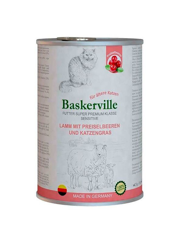 Консервований корм супер-преміум класу з ягням, журавлиною і котячою травою для котів похилого віку з чутливим травленням 400 г Baskerville (336183376)