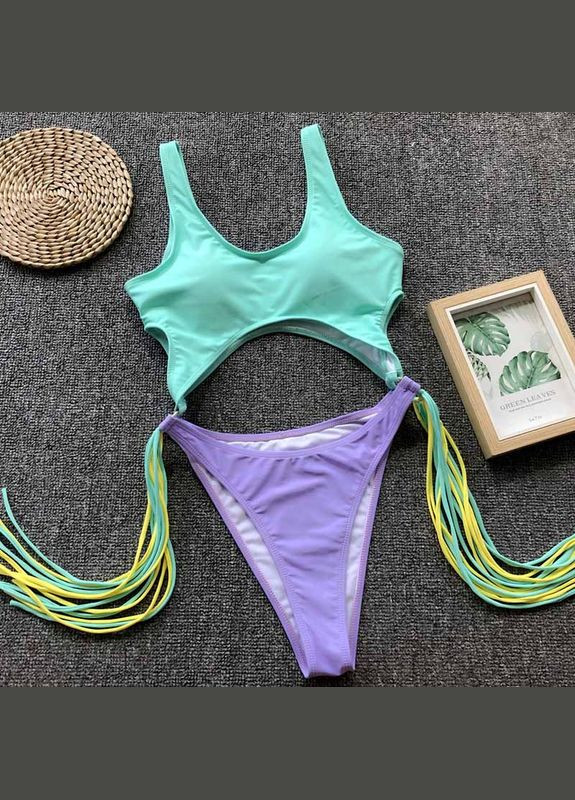 М'ятний літній жіночий суцільний купальник монокіні з вісюльками з боків чорний No Brand