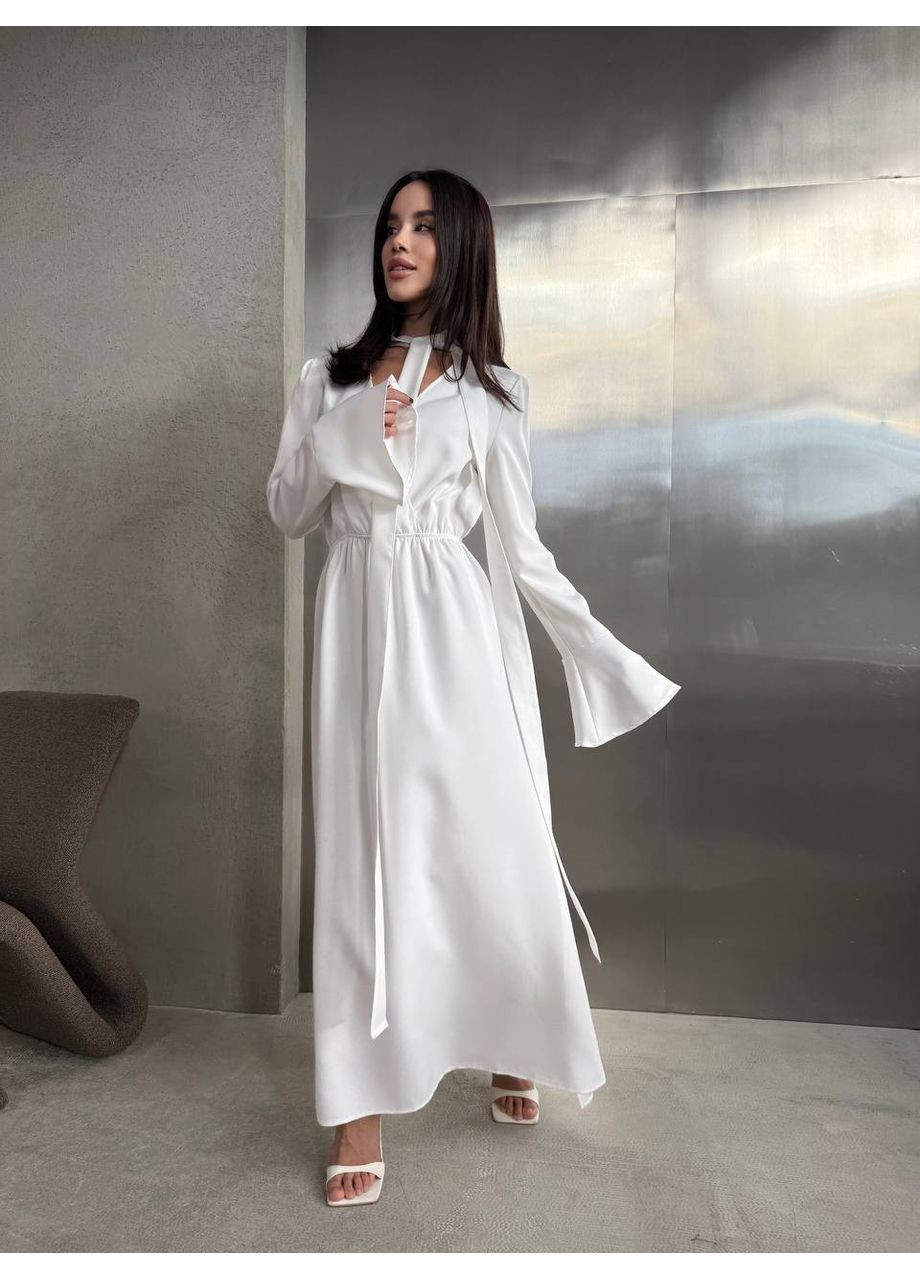 Молочное праздничный, вечернее женское платье меди с акцентом на талии MonCher