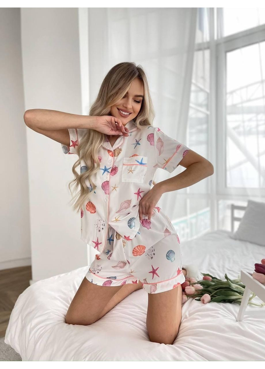 Белая пижама женская с принтом ракушек и морских звезд ткань софт / летняя пижама морской принт ракушки и звезды / комплект для сна No Brand