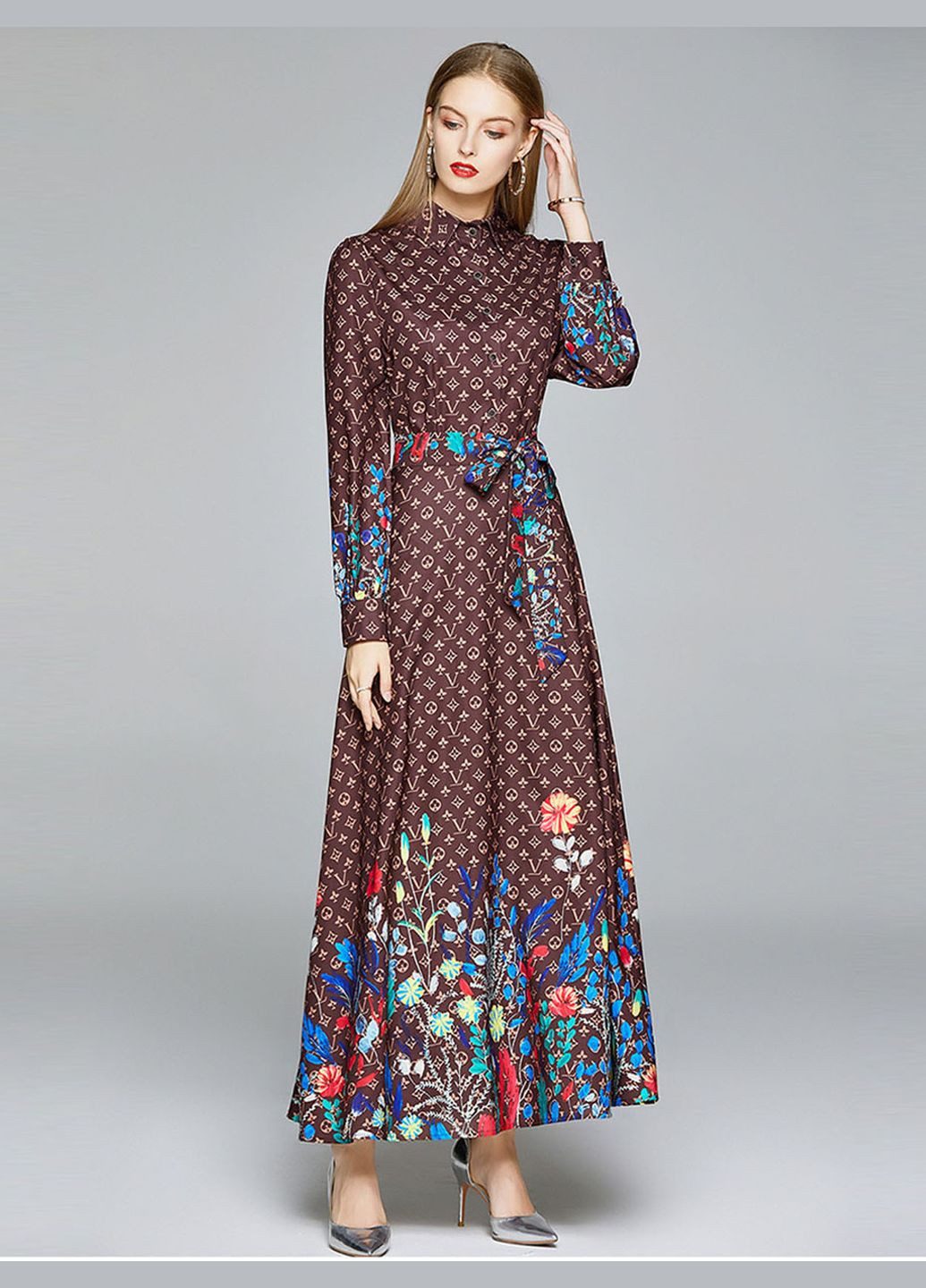 Коричневое вечернее платье принтовое макси lw-216 коричневый Lowett с цветочным принтом