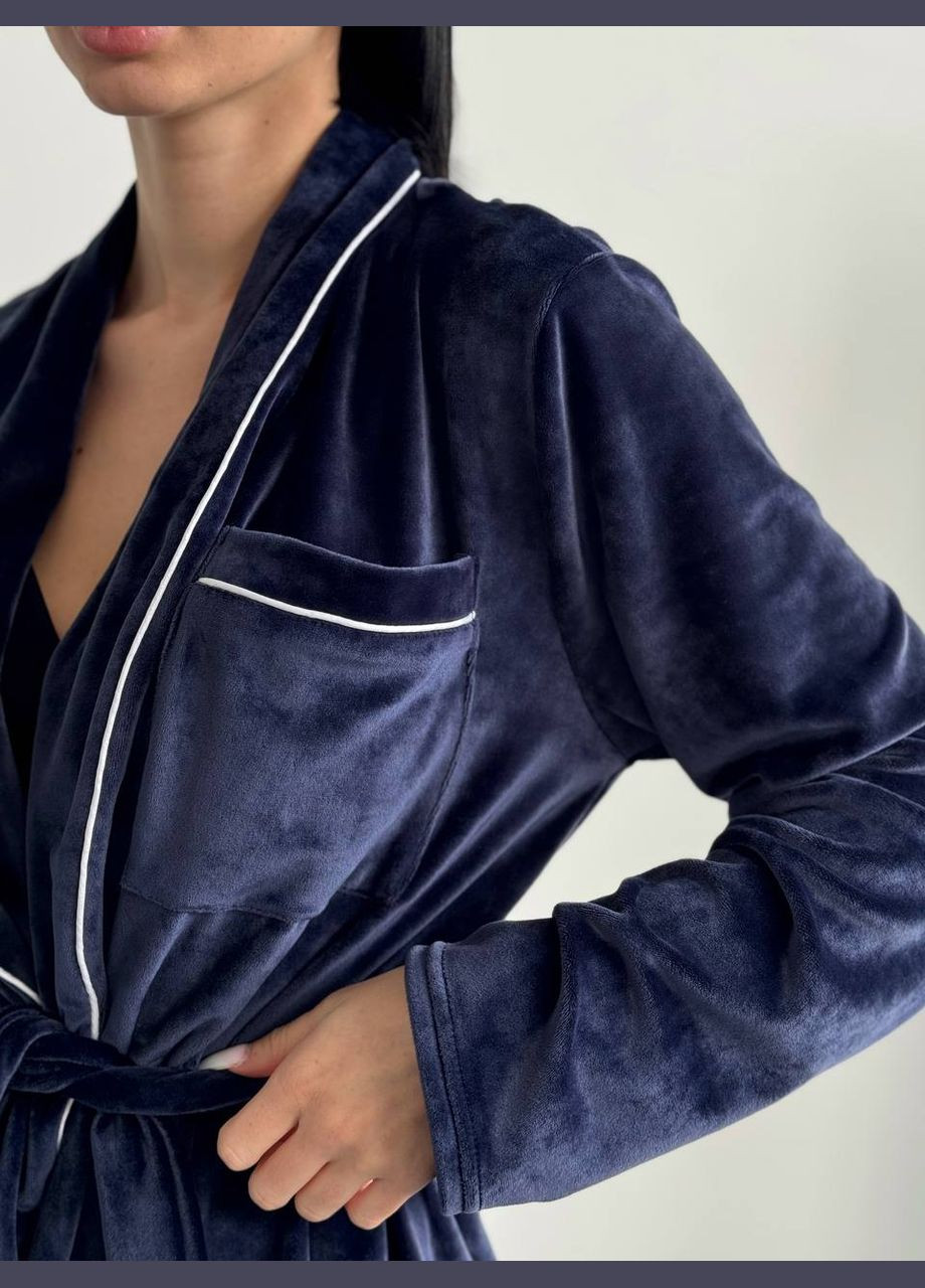 Синяя всесезон мягкая плюшевая синяя пижама (укороченный халат на запах+штаны клёш), приятная к телу тёплая и очень комфортная пижама No Brand 848-1