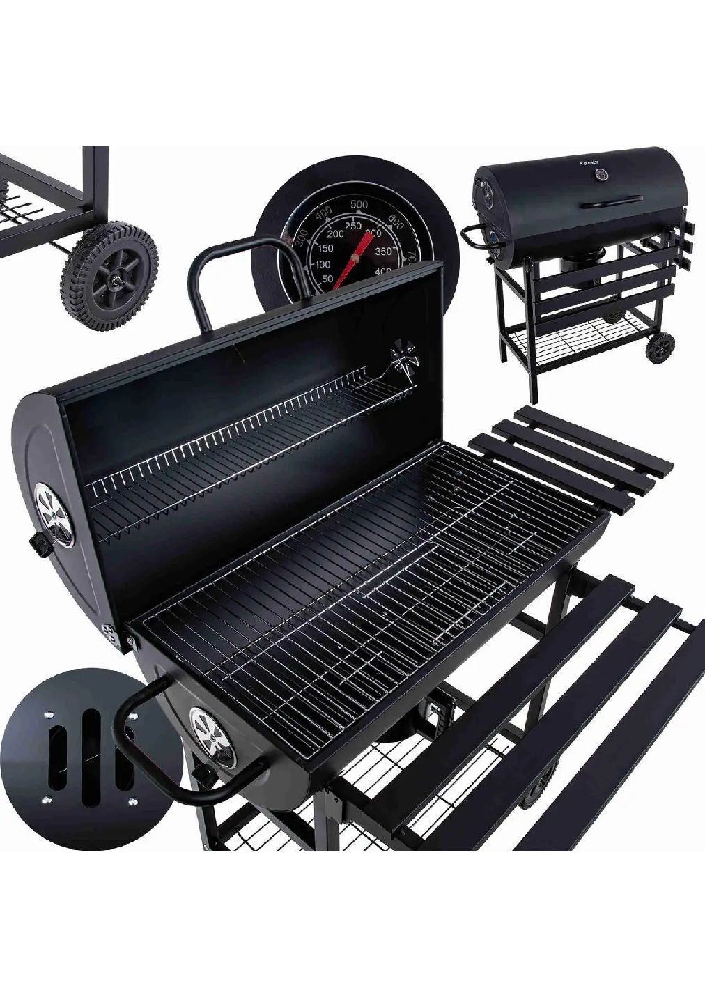 Садовый гриль мангал барбекю угольный бочкового типа с крышкой решеткой полочкой градусником на колесах (478440-Prob) Unbranded (306423352)