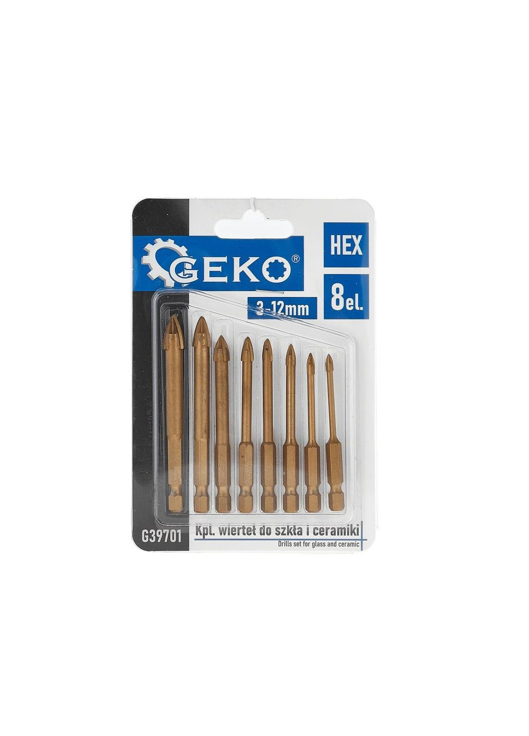 Свердла скла та кераміки " " з хвостовиком для шуруповерта Hex E6,3 (1/4") комплект 8 шт. 3 - 12 мм Geko (365751111)