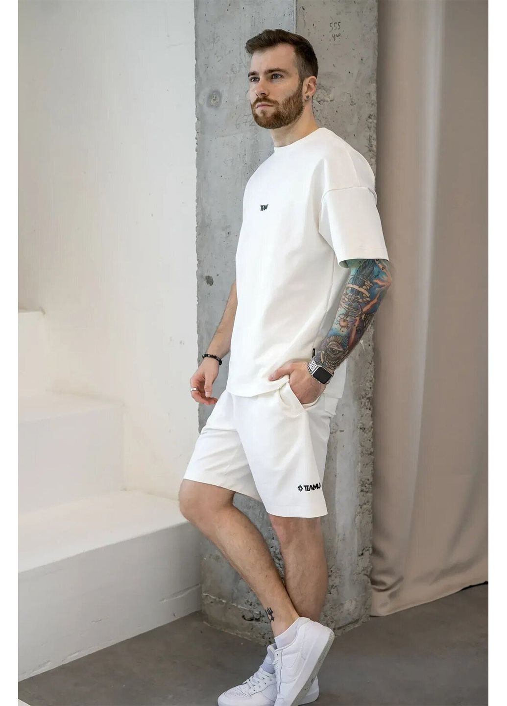 Белый летний мужской летний костюм с футболкой oversize 32 белый Teamv