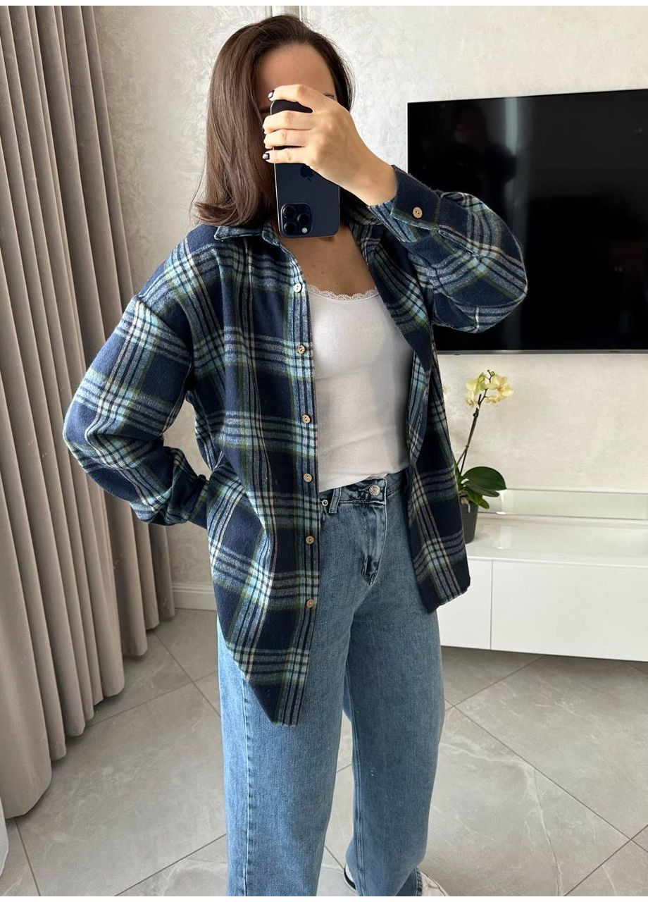 Синяя повседневный рубашка в клетку DK/DL Мода без кордонів с длинным рукавом