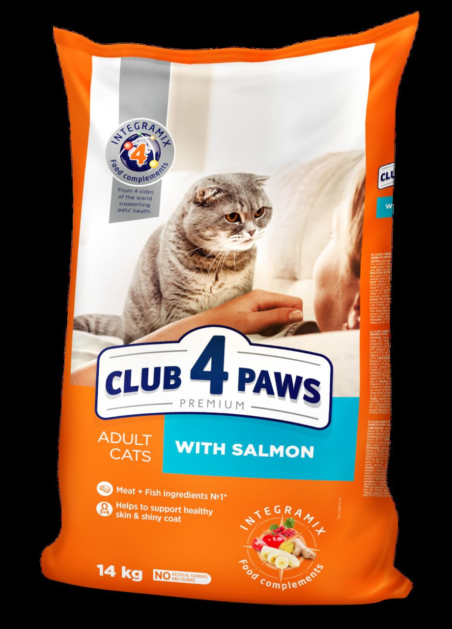 Сухой корм с Лососем для взрослых кошек 14 кг CLUB 4 PAWS Клуб 4 Лапы (278308982)