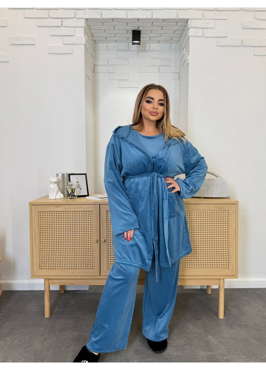 Блакитна жіночий велюровий домашній костюм трійка Osoblyva