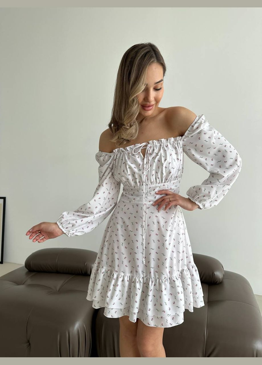 Білий повсякденний сукня довжини міні з відкритими плечима MonCher з квітковим принтом