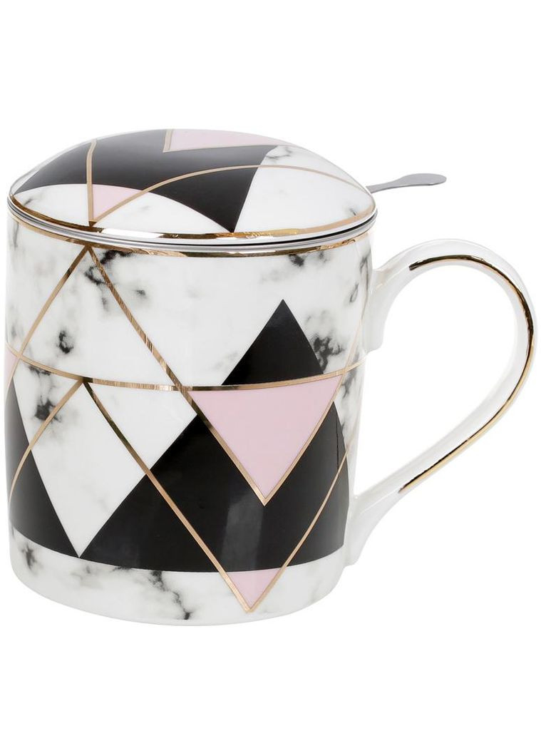Кружка-заварник фарфоровая Черный мрамор 380мл с ситом для чая и трав черно-розовая кружка для заваривания Bona (368991434)