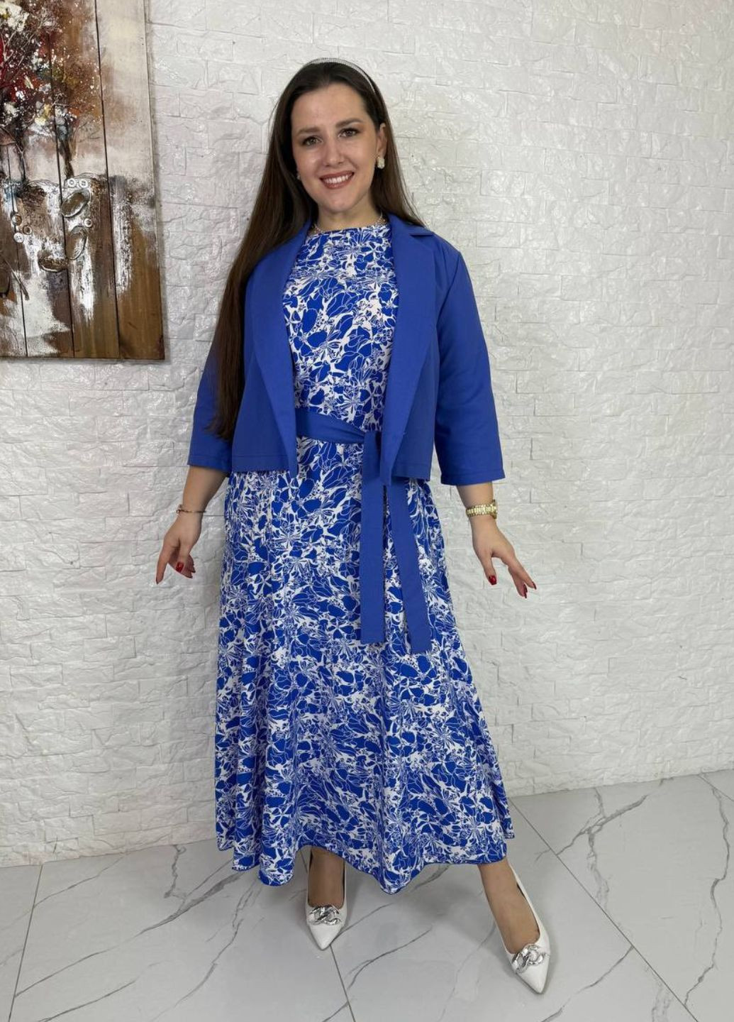 Женский комплект с платьем из софта и льняным жакетом с поясом Україна (325701895)