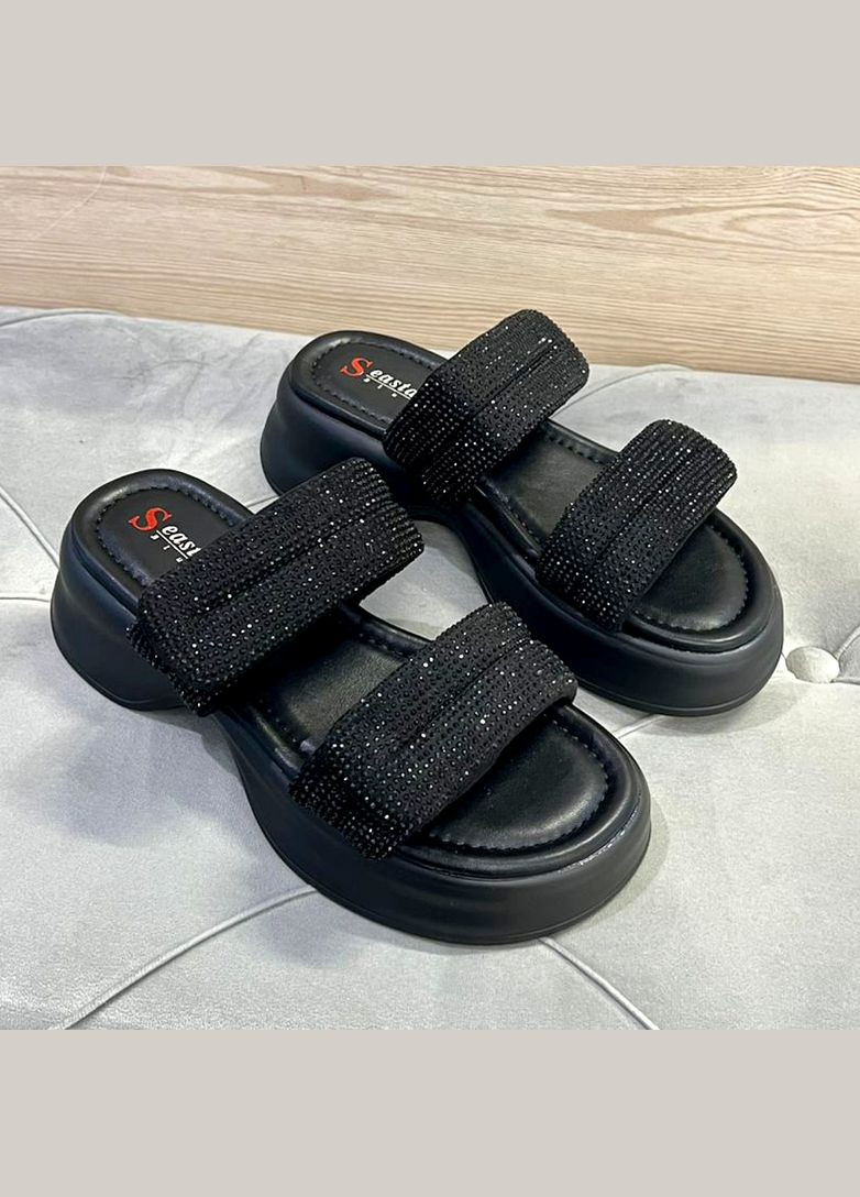Черные шлепанцы женские черные на липучках со стразами. Seastar со стразами
