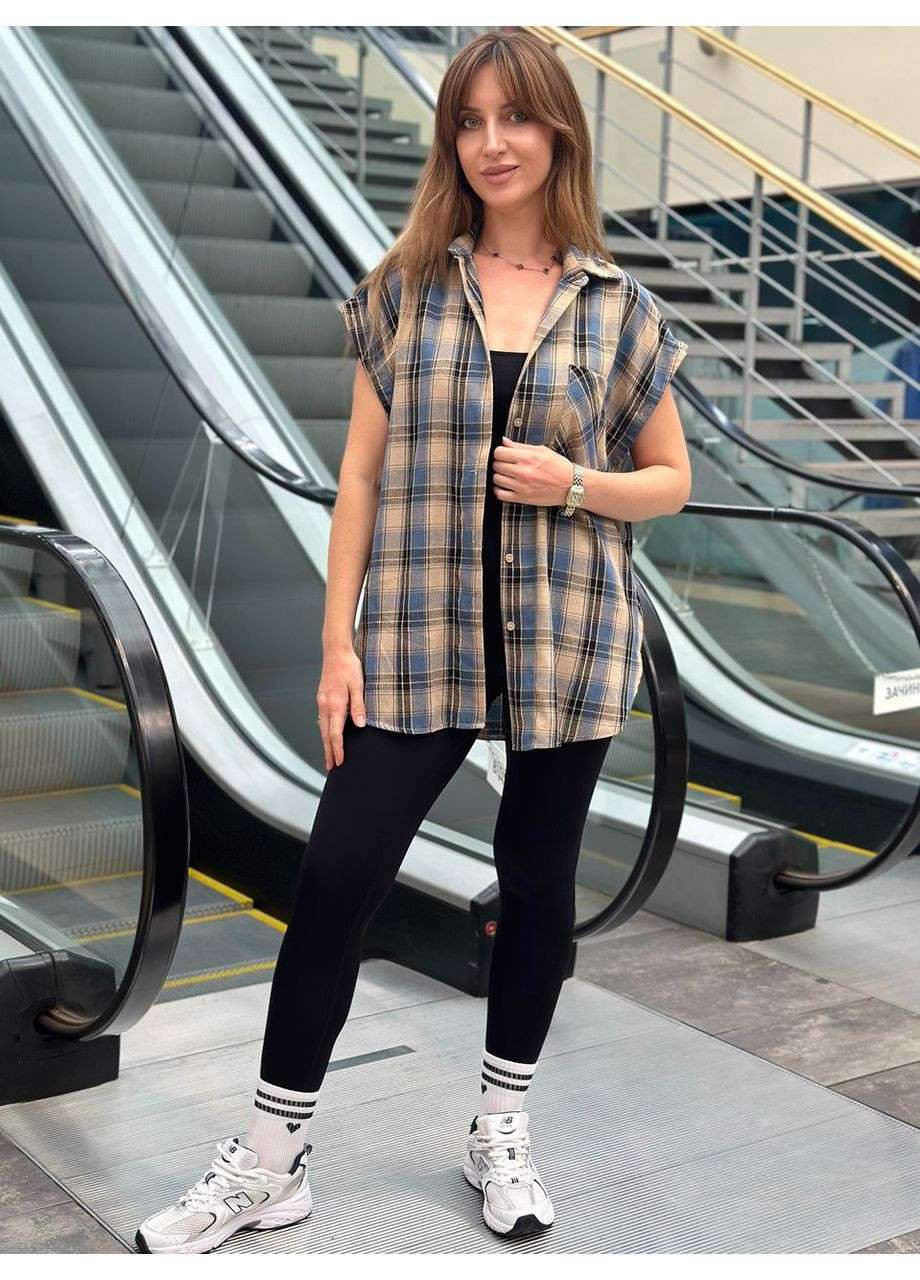 Жіноча сорочка в клітинку зі зйомними рукавами Блакитний/Капучино Maybel (351356661)