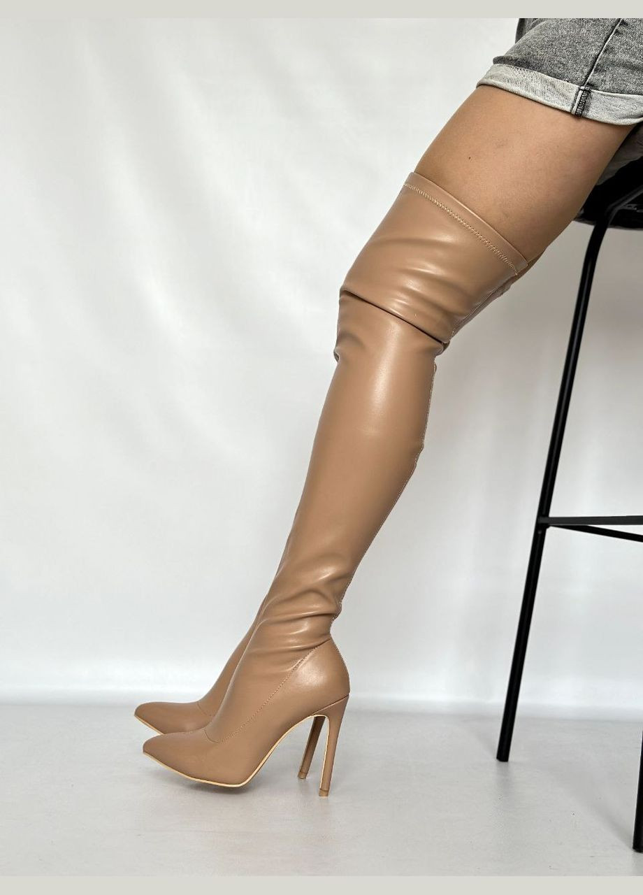 Жіночі стильні бежеві ботфорти панчохи на шпильці демісезонні No Brand (307163825)