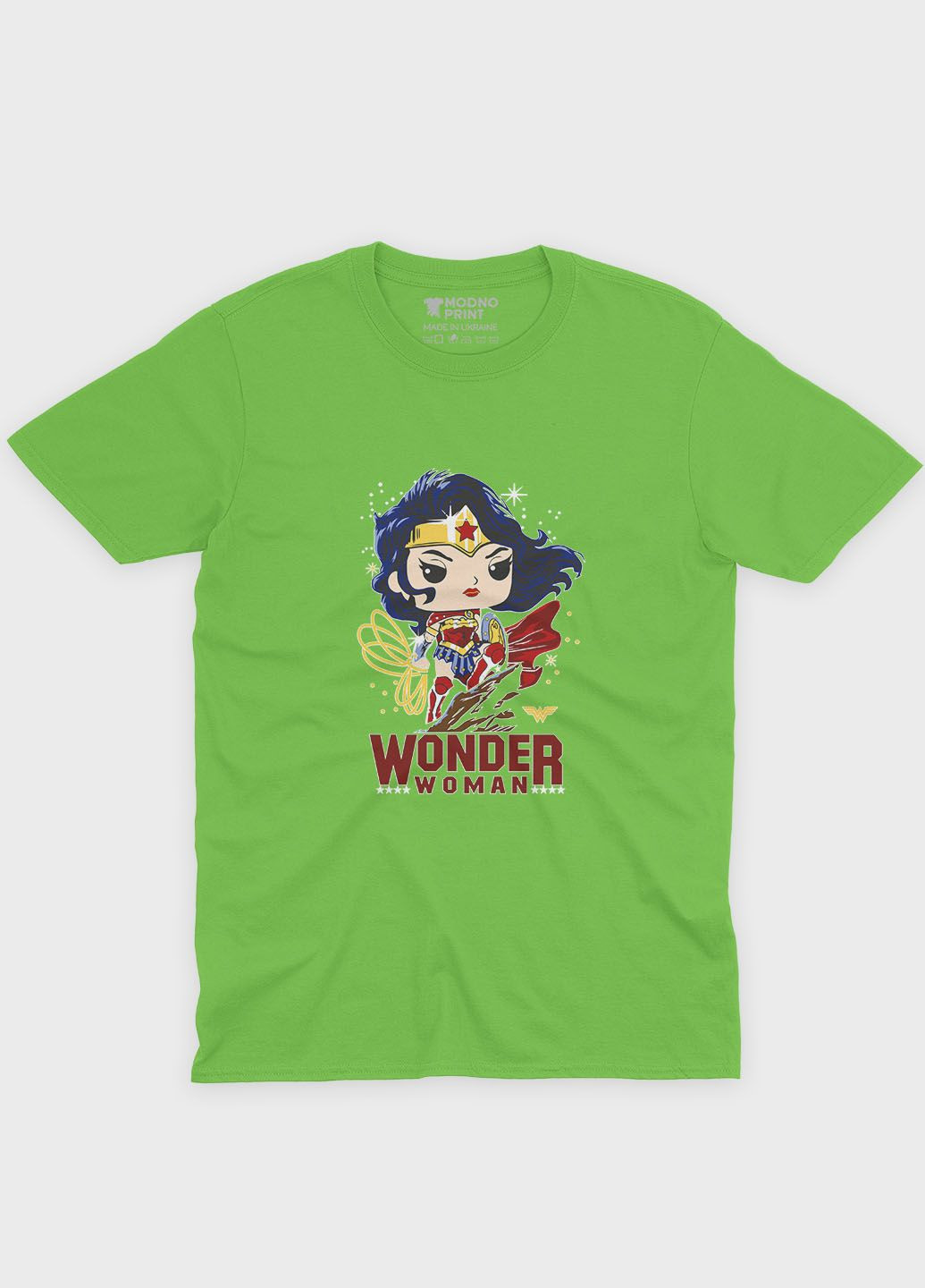 Салатова демісезонна футболка для дівчинки з принтом супергероя - диво-жінка (ts001-1-kiw-006-006-004-g) Modno
