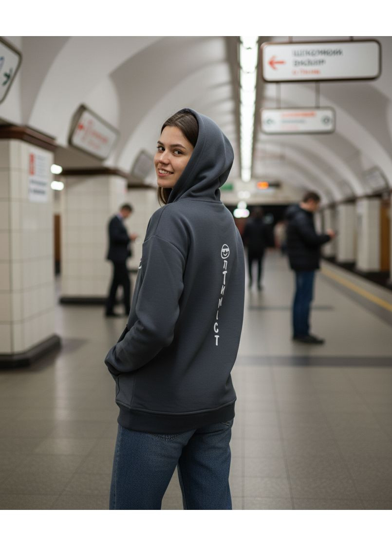 Худі Лео тринитка футер темно-сірий з принтом ОПТИМІСТ шовкографія 4PROFI (365819679)