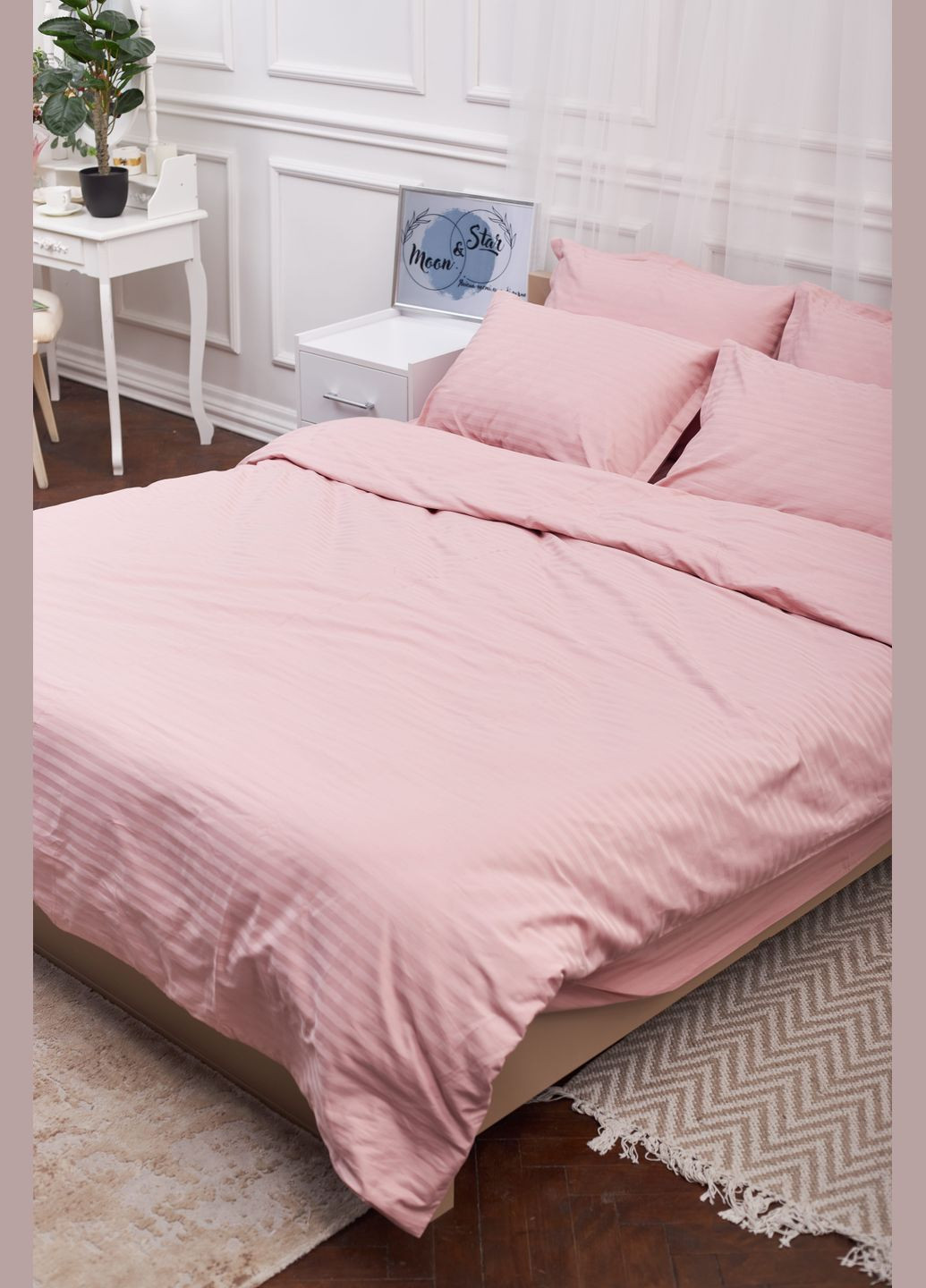 Комплект постельного белья Satin Stripe семейный 143х210х2 наволочки 4х50х70 (MS-820003633) Moon&Star stripe pink (288043212)