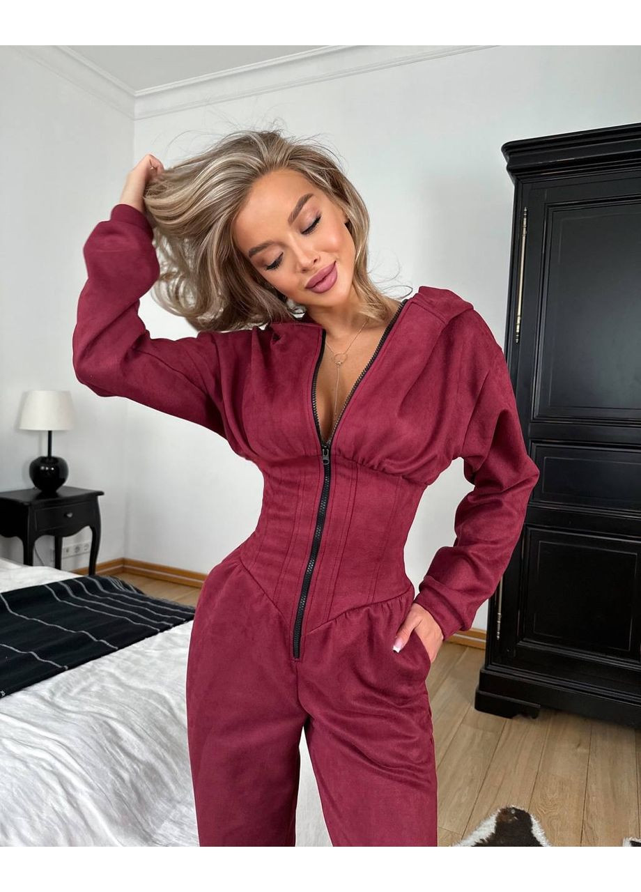 Комбинезон No Brand комбинезон-брюки однотонный бордовый повседневный, кэжуал искусственная замша