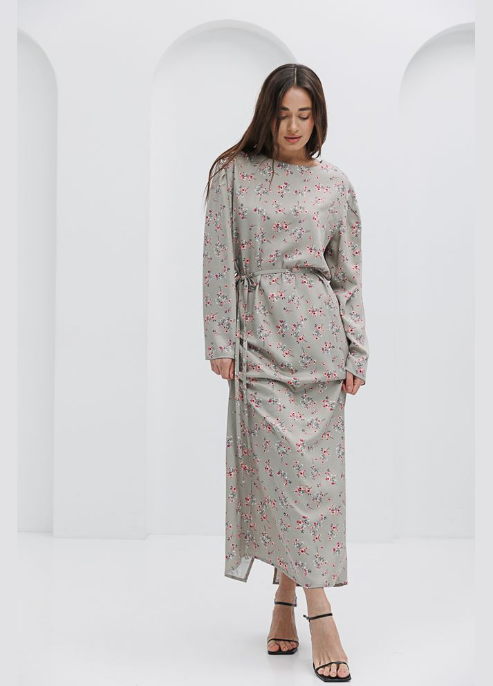 Зеленое длинное прямое платье с цветочным принтом коричневое Arjen