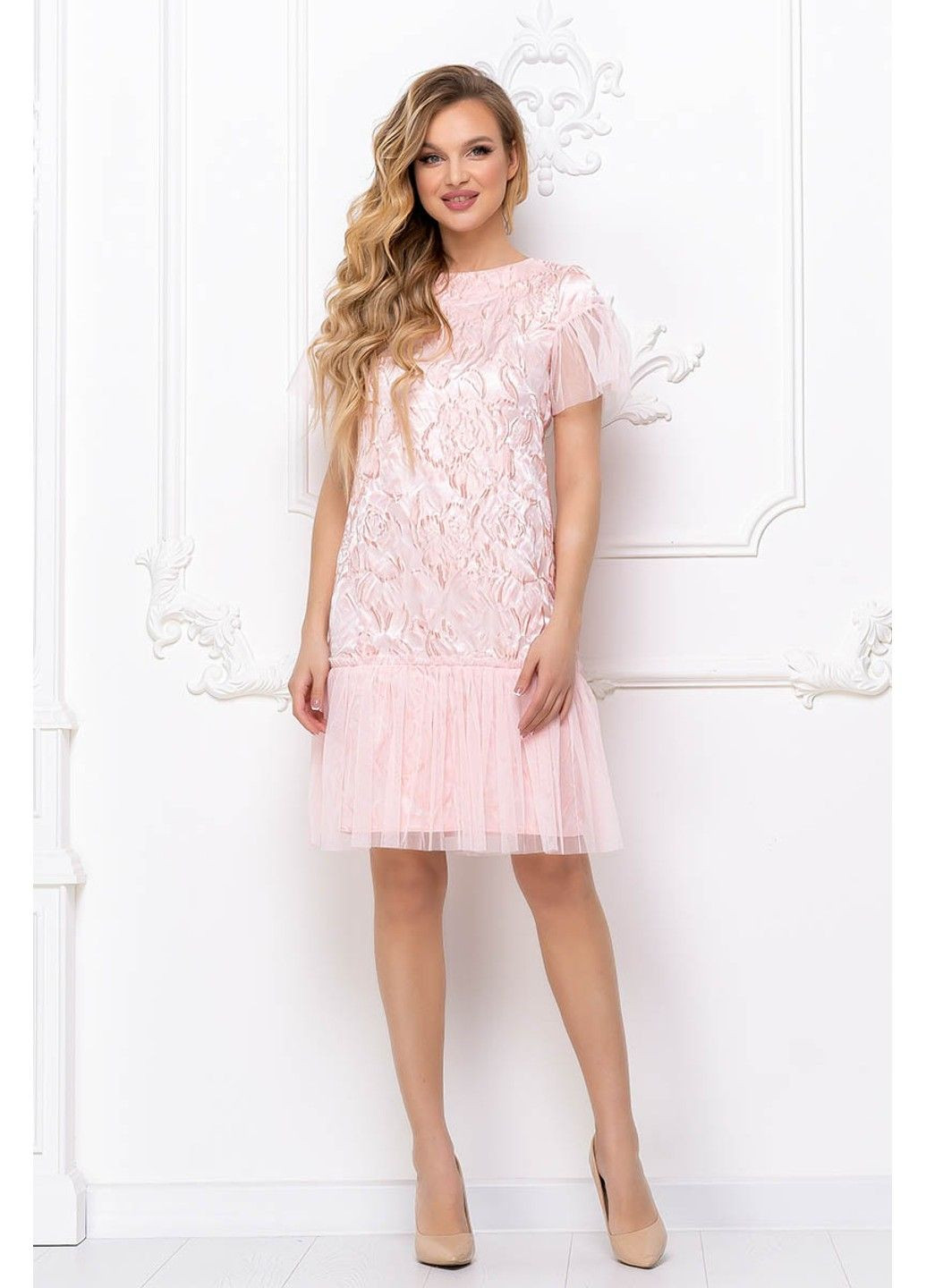 Розовое коктейльное платье жаккард парча 8074 розовая Tanita-Romario